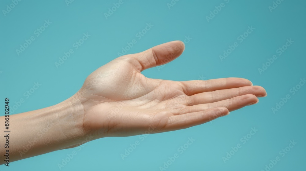  Person's hand extending to grab a frisbee against a blue backdrop with a blue sky overhead