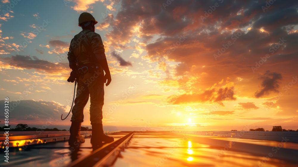 Fototapeta premium Silhouetted construction worker on rooftop. Overlooking construction site and city during sunset. Hard work, goals, achievement. 