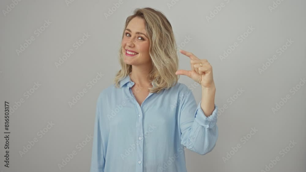Confident blonde woman standing against white background, gesturing small size sign with fingers, measuring something with joy while wearing shirt.