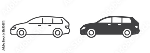 Wagon car icons in line and solid styles, flat vector pictograms. Black and white representations ideal for family travel and utility.