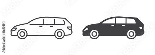 Wagon car icons in line and solid styles, flat vector pictograms. Black and white representations ideal for family travel and utility.
