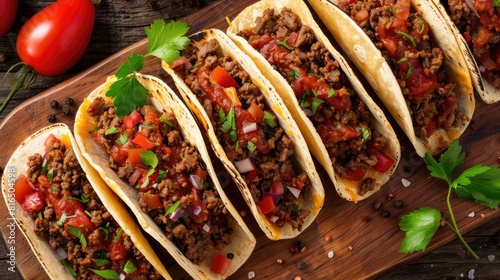 Beef filled Mexican tacos in savory tomato sauce viewed from above