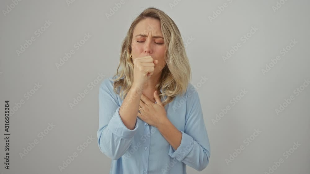 Young, sickly blonde woman in a shirt, standing alone, stuck by a nasty cold or even bronchitis, coughing veiling her face. dealing with health care, isolated on a pristine, white background.