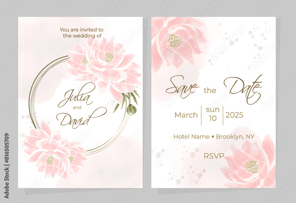 Delicate watercolor universal card templates. Wedding or holiday designs with gold line border and lotus flowers. Vector postcard design with wreath of pink flowers. 