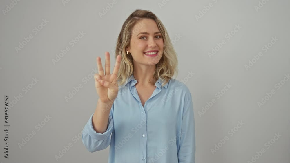 Joyful young blonde woman in shirt confidently points up three fingers, happily showing the number three sign on isolated white background