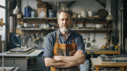 The picture of the senior caucasian male industrial designer working inside his own workshop, the designer require skills like material knowledge, creativity, innovation and design knowledge. AIG43.