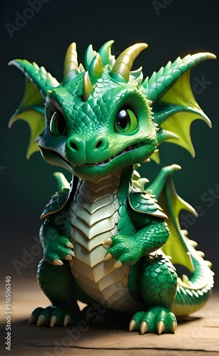 AI generated illustration of a cute green dragon against a dark backdrop