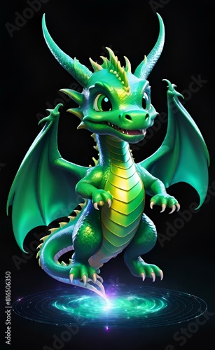AI generated illustration of a cute green dragon against a dark backdrop