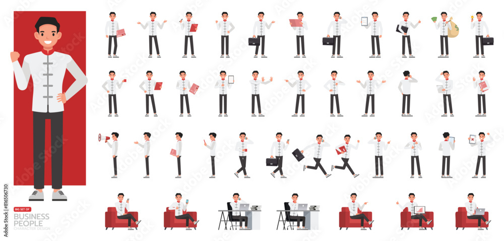 Fototapeta premium Big Set of Chinese businessman wear white shirt character vector design. Chinese people working in office planning, thinking and economic analysis. Presentation in various action.
