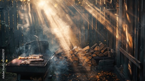 Grilling meat outdoors under the sun s rays among foliage with the barbecue smoke illuminated by the sunlight set against the backdrop of a woodshed with firewood