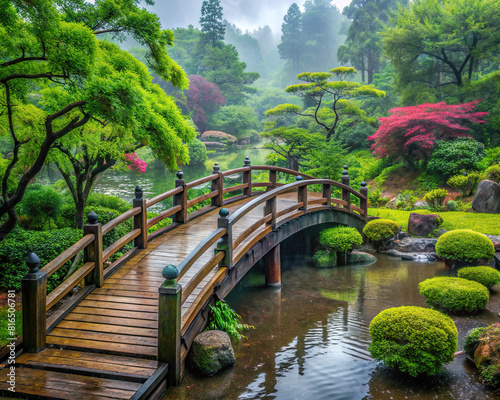 A tranquil garden in the rain  with a traditional Japanese wooden bridge