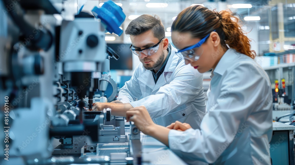 Side view of two engineers working together to ensure the precision of CNC machined parts, highlighting teamwork in quality control. Side view of two engineers working together to ensure the precision of CNC machined parts, highlighting teamwork in quality control.