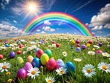 A vibrant rainbow arching over a field of colorful Easter eggs nestled among blooming daisies, with the wind gently fluttering their petals.