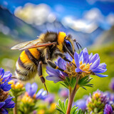 A close-up shot of a bumblebee collecting pollen from a vibrant alpine wildflower in bloom, showcasing the intricate relationship between flora and fauna in natural ecosystems.