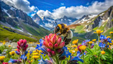 A close-up shot of a bumblebee pollinating a cluster of alpine wildflowers, capturing the essence of symbiosis and the cycle of life in the wilderness.