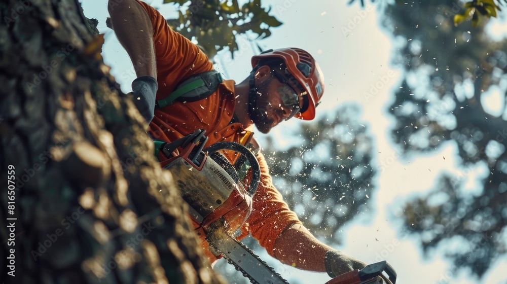 Man using chainsaw to cut down tree. Suitable for forestry industry concept