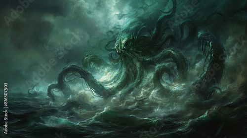 Cthulhu rising from the ocean. Mythical sea monster rising from the deep during storm. Waves splashing as storm rages. Lovecraftian horror creature. photo