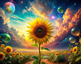 A whimsical and dreamy scene showcasing a yellow sunflower amidst a surreal and colorful landscape, sparking the imagination.
