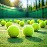 A close-up shot of tennis balls scattered on the vibrant green court, emphasizing selective focus and precision in sports photography.