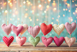 A whimsical display of heart-shaped decorations against a soft pastel backdrop, perfect for Valentine's Day designs.