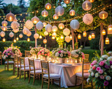 A whimsical garden setup with fairy lights, paper lanterns, and floral garlands draping over an empty table, creating a magical atmosphere for a wedding reception or anniversary celebration.