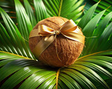A whole coconut resting on a bed of tropical leaves, with a golden ribbon encircling it.