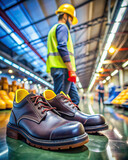 A close-up shot showcasing a worker's safety shoes and the meticulous attention to safety protocols in a factory environment, reflecting the fusion of knowledge and caution.