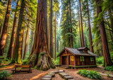 A wooden cabin surrounded by ancient giant redwoods, a perfect blend of nature and architecture