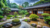 A Zen garden in front of a Japanese house, with rain enhancing the tranquility and symbolic meaning of the carefully arranged stones and plants.