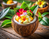 A coconut cocktail served in a coconut shell, garnished with tropical fruits and flowers.