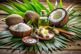 A coconut-themed spa treatment with coconut oil, massage stones, and lush greenery.