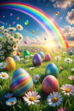 A colorful 3D portraying a dreamy Easter morning with a rainbow, vibrant eggs, and daisies dancing in the wind in a lush meadow, creating a magical springtime atmosphere.
