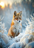 Against the backdrop of a snow-covered landscape, a fox blends seamlessly into its surroundings, its fur a patchwork of white and russet against the icy tableau