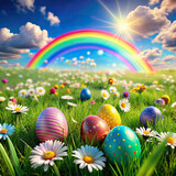 A colorful 3D portraying a joyful Easter morning scene with a rainbow, vibrant eggs, and daisies in a breezy meadow, creating a festive and cheerful atmosphere.