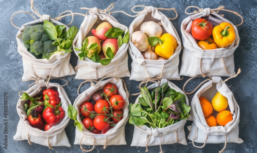 Top view variety fresh of organic fruits ang vegetables in reusable eco cotton bags on solid color background. healthy vegan meal ingredients. zero waste shopping concept. eco-friendly no plastic. Top view variety fresh of organic fruits ang vegetables in reusable eco cotton bags on solid color background. healthy vegan meal ingredients. zero waste shopping concept. eco-friendly no plastic.