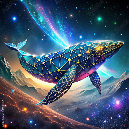 An abstract interpretation of a space whale composed of geometric shapes, traversing through a star-studded expanse. photo