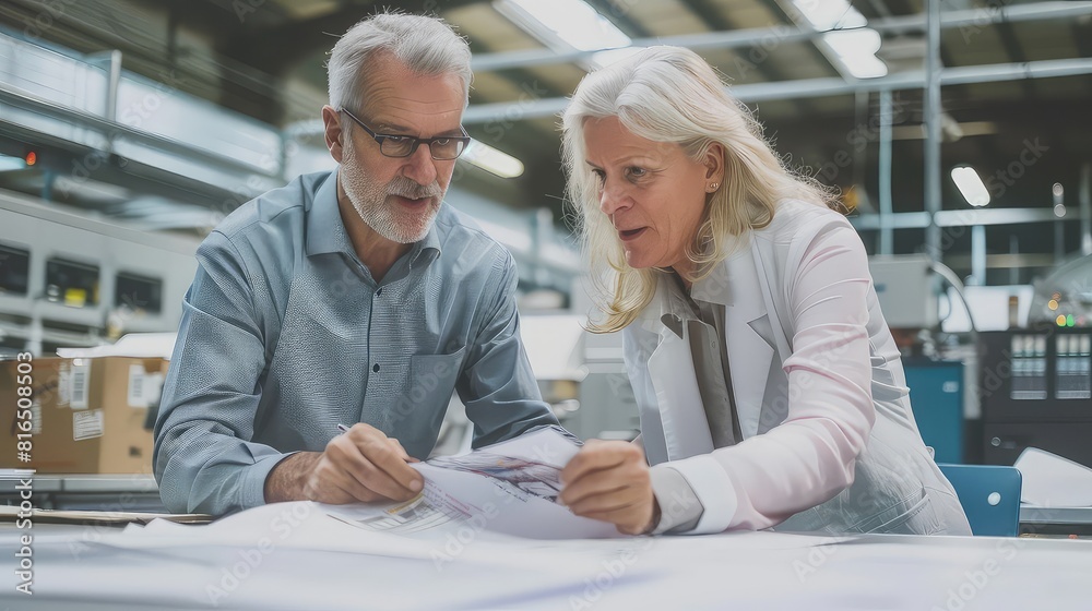 Wisdom exchange: senior executive and assistant manager engage in constructive dialogue on factory floor plans. Wisdom exchange: senior executive and assistant manager engage in constructive dialogue on factory floor plans.