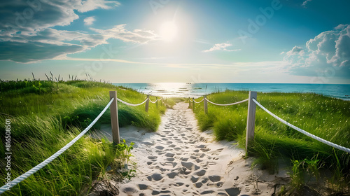Beautiful path leading to the beach, white rope and wood fence with green grass on both sides, blue sky and sun rays shining. Summer holiday concept photo