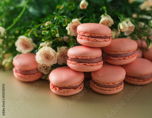 Sweet pink macarons or macaroons and flowers on wooden table