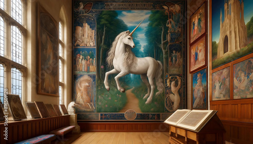 The legend of the unicorn in medieval European mythology. Discuss how unicorns are represented in literature and art. and its symbolic meaning related to purity and grace. photo