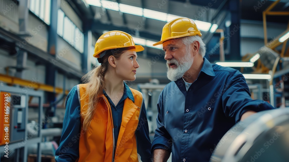Workplace collaboration: senior businessman and young assistant manager discuss factory layout strategies in the workshop. Workplace collaboration: senior businessman and young assistant manager discuss factory layout strategies in the workshop.