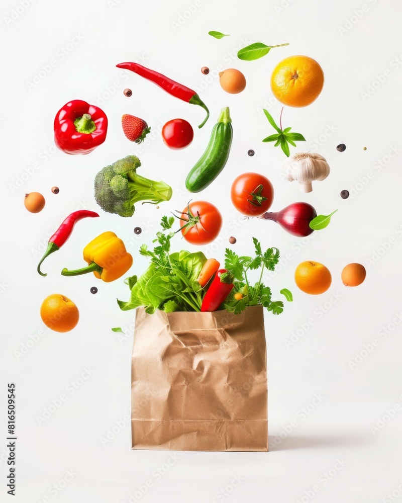 vegetables and fruits flying out the brown paper bag. on solid white ...