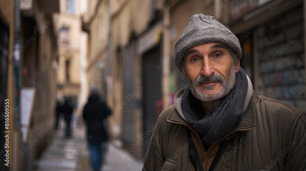 A man wearing a hat and scarf on a city street. Suitable for fashion or winter themed projects A man wearing a hat and scarf on a city street. Suitable for fashion or winter themed projects