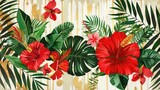 Gouache red ornamental tropical and Mexican flowers with green leaves on a white and gold striped background