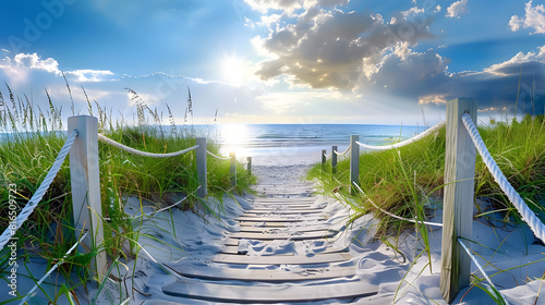 Beautiful path leading to the beach, white rope and wood fence with green grass on both sides, blue sky and sun rays shining. Summer holiday concept photo