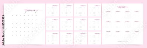 Set of 2025 Square Calendar Planner Template in Minimal Aesthetic Design. Vector layout of a wall, table or desk modern 2025 calendar. From Sunday. Calendar printable grid in pink white colors.