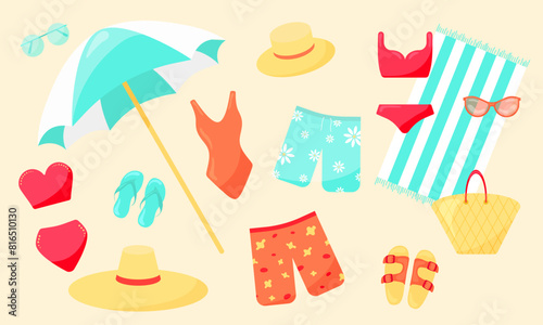 Summer set. Cute colorful collection. Swimsuit, sunglasses, hats,  umbrella, towel, shorts, flip flops. Vector illustration on light background