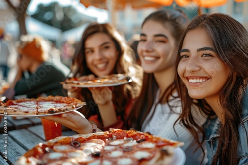 Group of women enjoying pizzas  perfect for food blogs