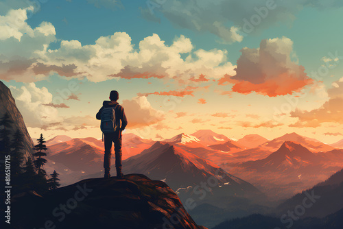 Human silhouette holding binoculars on a mountain with sunset sky in the background