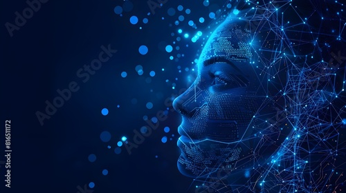 Big data and artificial intelligence concept. Machine learning and cyber mind domination concept in form of women face outline outline with circuit board and binary data flow on blue background.  photo